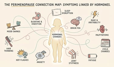 Illustrated connection map showing 12 early perimenopause symptoms linked to hormonal changes in the body