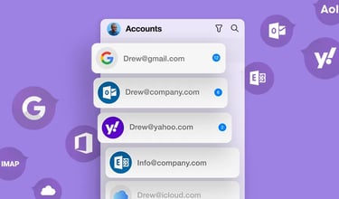 Unified inbox app interface managing multiple email accounts for Gmail, Outlook, and Yahoo on a purple background.