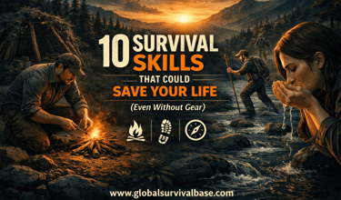 Survival skills guide showing a man building a fire and a woman drinking water in the wilderness.