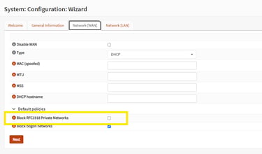 Desativando a regra Block RFC1918 Private Networks na interface do OPNsense para evitar bloqueios