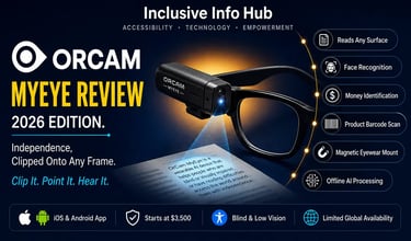 OrCam MyEye Review 2026 featured image showing wearable AI reading device clipped to glasses with arc-style feature badges 