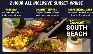 Gourmet snack platters on a South Beach sunset cruise with open bar and professional crew.
