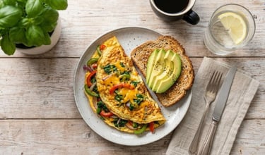 Healthful breakfast of a high-protein vegetable omelet and avocado on whole-grain toast.