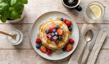 Fluffy high protein pancakes with fresh berries for a healthy American Breakfast.