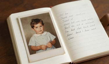 Childhood photograph placed on open journal page beside adult handwriting for inner child journaling