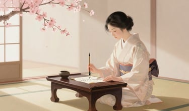 Japanese woman writing with calligraphy brush at low desk in kimono evoking zuihitsu tradition