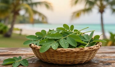 Fresh moringa malunggay leaves in rustic basket with tropical island setting backdrop