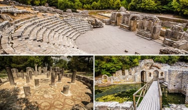 Montagem com três fotos destacando os pontos imperdíveis do sítio arqueológico de Butrint.