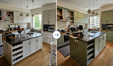 virtuvės spintelių dažymas – prieš ir po atnaujinimo