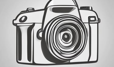 A camera with a lens, black and white. 