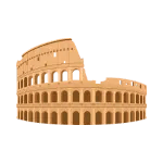 Illustration of the Roman Colosseum amphitheater with arched tiers isolated on a black background.