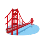 Red Golden Gate Bridge illustration on blue water, isolated on black background for San Francisco travel icons.
