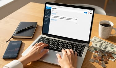 A person's hands typing on a laptop with money and a smartphone on the desk.