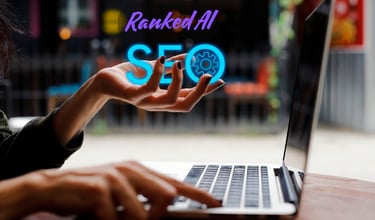 a person holding SEO on their hand why typing on the laptop with Ranked AI on the image