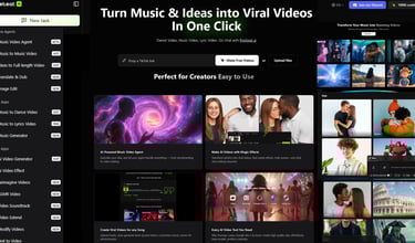 Freebeat AI dashboard showing music video creation tools and sample viral video outputs
