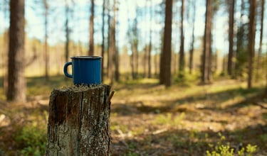 a mug of coffee in a mug on a stump stump stump