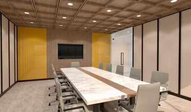 3D-rendered modern conference room with a marble-top table & chairs, wooden ceiling -by SketchyCAD