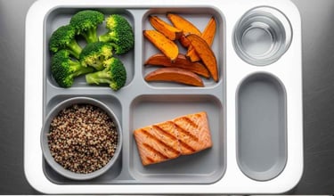 Vista superior de refeição balanceada em bandeja clínica com legumes, proteína e grãos integrais.