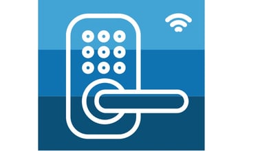 Keypad lock icon over blue ombre band branding representing residential smart lock installation by Asheville Locksmith Now
