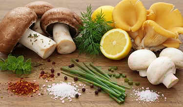 mushrooms and mushrooms are on a wooden table