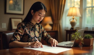 a woman sitting at a desk with a laptop and a laptop