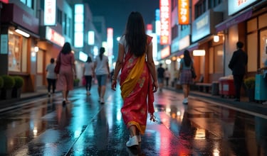 a woman walking down a city street in the rain