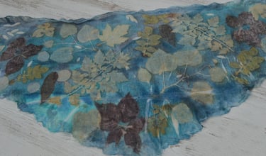 Blue leaves printed silk scarf featuring botanical leaf impressions in natural earthy tones.