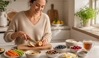 Smiling woman preparing a healthy snack by slicing a fresh apple on a wooden board in a bright kitchen.