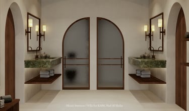  A Dubai bathroom interior showcasing arched wooden doors and unique stone sinks.