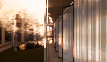 Woven louver screens casting soft shadows in a sunlit corridor.