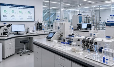 Modern food biotechnology laboratory with analytical instruments, chromatography systems, and carbohydrate samples