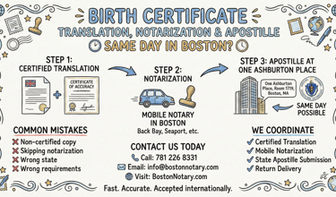 Certified translation of birth certificate prepared in Boston Massachusetts