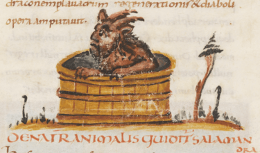 lustración medieval de una salamandra saliendo de un pozo de agua en el Physiologus Bernensis