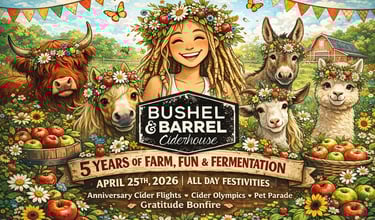 Poster for Bushel and Barrel Ciderhouse 5th anniversary festival featuring a girl and farm animals wearing flower crowns.
