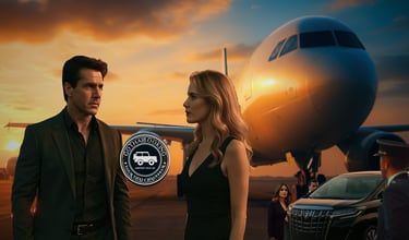 Hollywood-style couple at Bangkok airport with private chauffeur car and jet at sunset