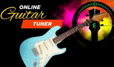Online guitar tuner graphic featuring a light blue electric guitar and a digital tuning interface.