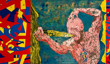 Surreal abstract oil painting of a man consuming a golden saw with vibrant red and blue geometric patterns.