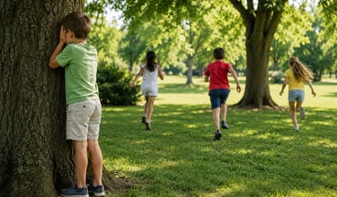 Children playing an outdoor game of hide and seek.