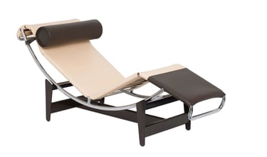 Modern chaise longue with curved metal frame and leather details inspired by Charlotte Perriand’s fu