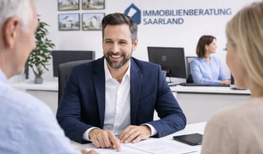 Professional real estate agent consulting a couple at Immobilienberatung Saarland office.