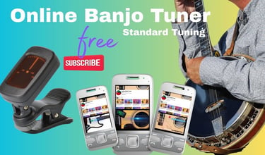 A free online banjo tuner app displayed on smartphones next to a happy  banjo player.