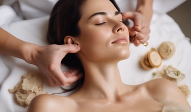 A person is lying face down with smooth black stones placed along their spine. Another person's hands are arranging the stones. Orchid flowers are present, adding a serene and natural touch to the scene. The setting suggests a spa or massage environment focused on relaxation.