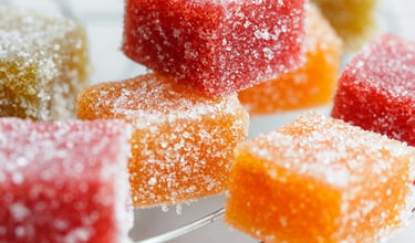 Assorted square fruit jelly candies coated in sparkling sugar crystals on a cooling rack.