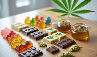 Variety of cannabis infused edibles including gummy bears, chocolate bars, and honey jars on a wooden table.