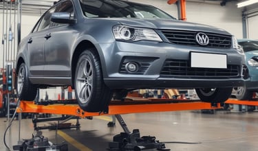 Several racing tires are placed on a concrete floor, with one large tire in the foreground. A person is kneeling and working on a tire, while another person stands nearby wearing green gloves. The background shows a garage environment with tools and equipment.