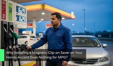 Driver at Fuel Station: Stressed Honda Accord driver looking at high petrol prices on a digital fuel pump display in the UK.