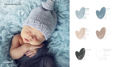 Cute and gentle Logo and Brand Identity for baby store Mommy's Hero, color palette, newborn baby on a soft blue karpet
