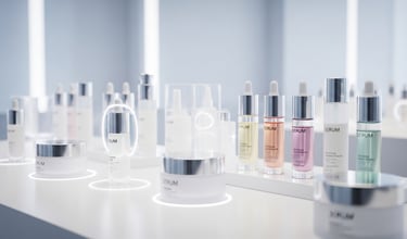 a table with a lot of bottles of cosmetics and a lot of cosmetics