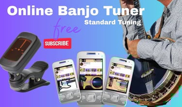 A free online banjo tuner app displayed on smartphones next to a banjo player