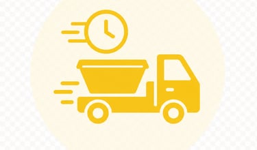 yellow skip trick delivering a skip bin there is a stopwatch ticking above the truck indicating fast same day delivery